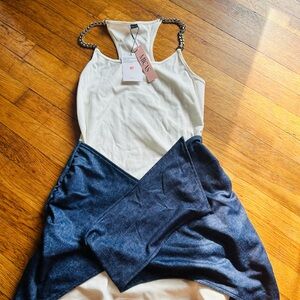 Sleeveless White Tank Mini Dress with Navy Tie-Waist Overlay